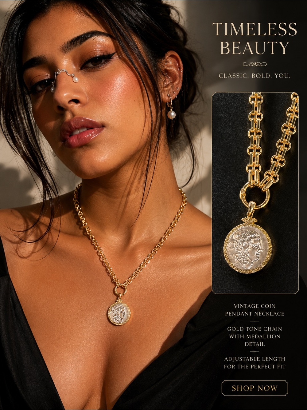 Gold Vintage Coin Pendant Necklace - Women Jewelry